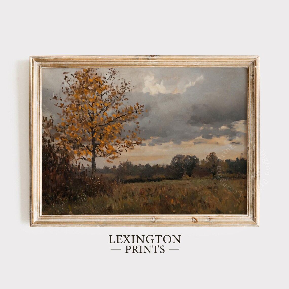 Golden Autumn Tree in Open Field Cloudy Sky Oil Painting Poster - Image 4