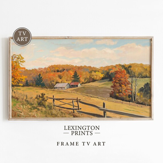 Fall Country Landscape with Red Barn Golden Fields Frame TV Art Print