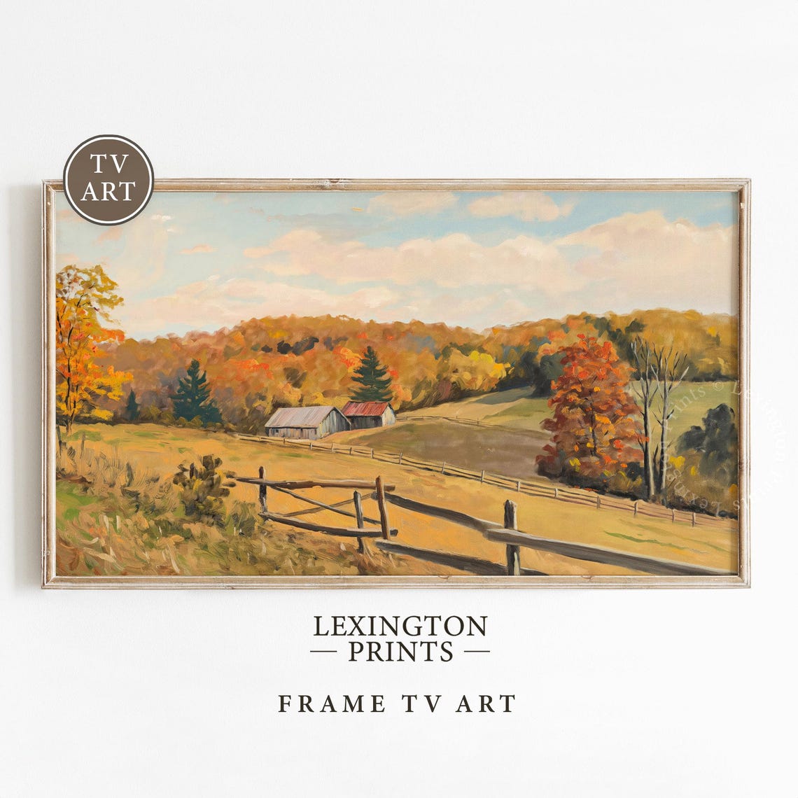 Fall Country Landscape with Red Barn Golden Fields Frame TV Art Print