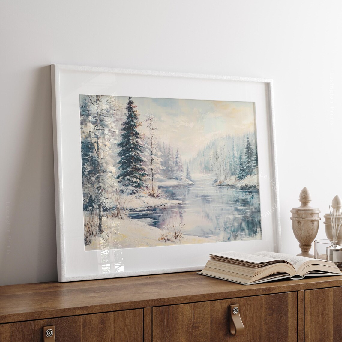 Frozen Lake Evergreen Forest Snowy Winter Landscape Painting Poster - Image 3