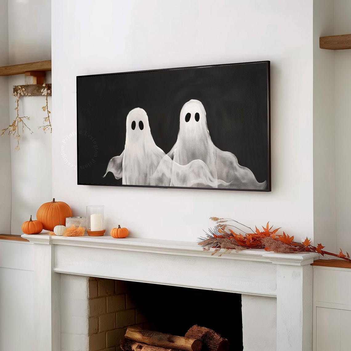 Two Cute Ghosts on Black Background Frame TV Art Halloween Print - Image 3