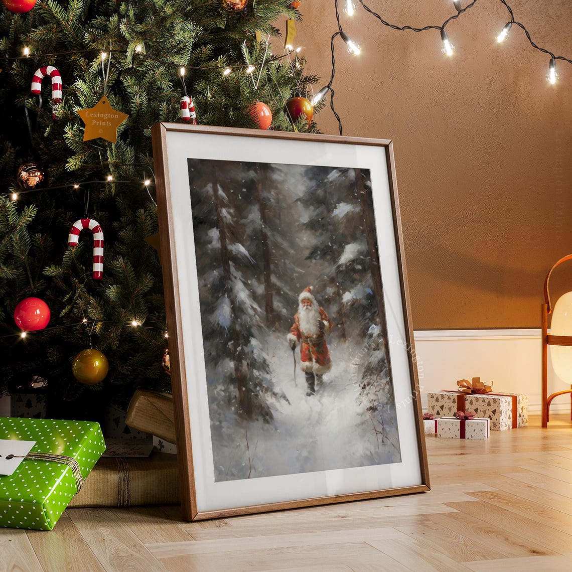 Santa Claus Walking Through a Snowy Forest Vintage Painting Poster - Image 8