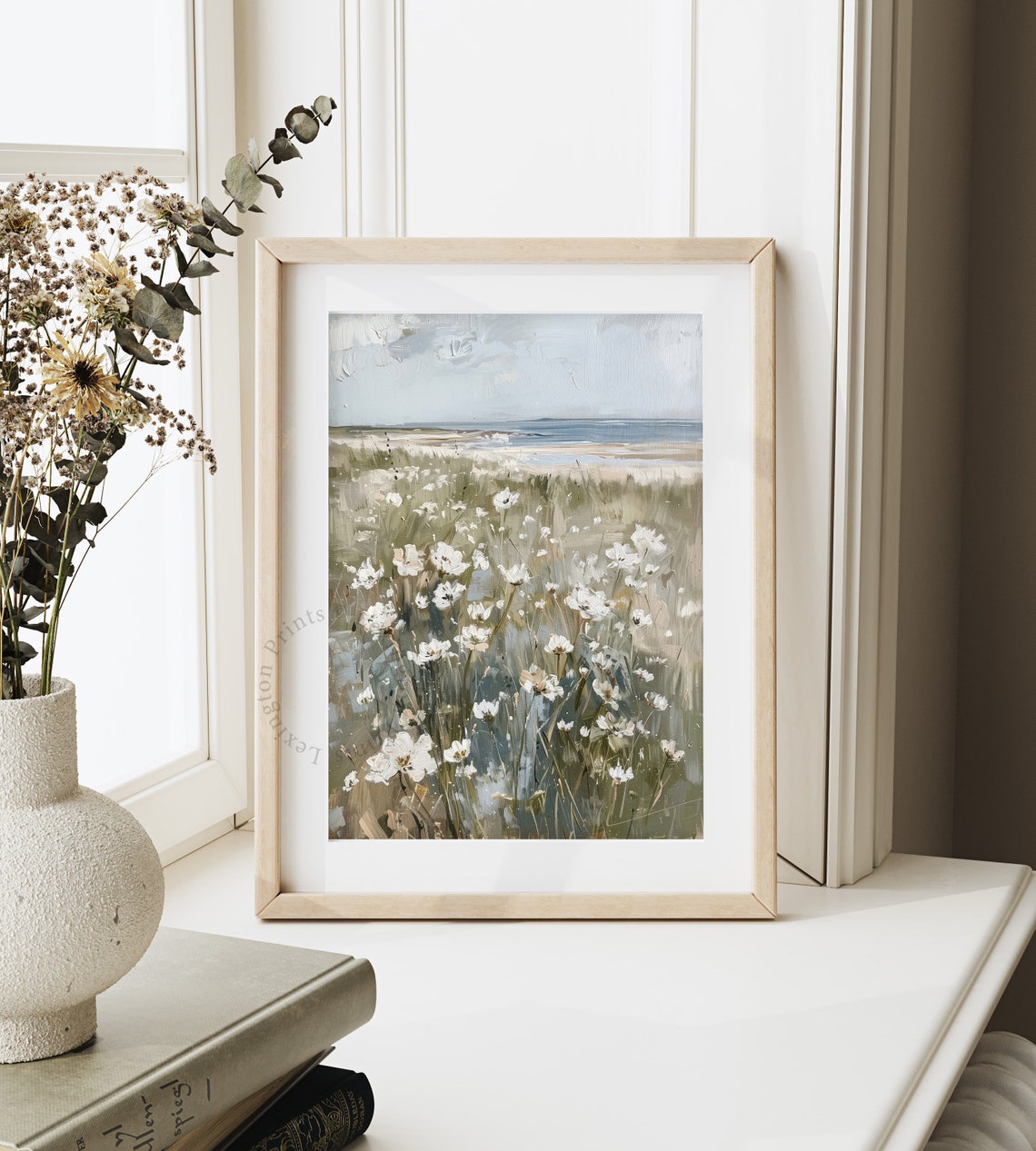 Coastal Wildflower Field with Ocean View Summer Vintage Wall Art - Image 4