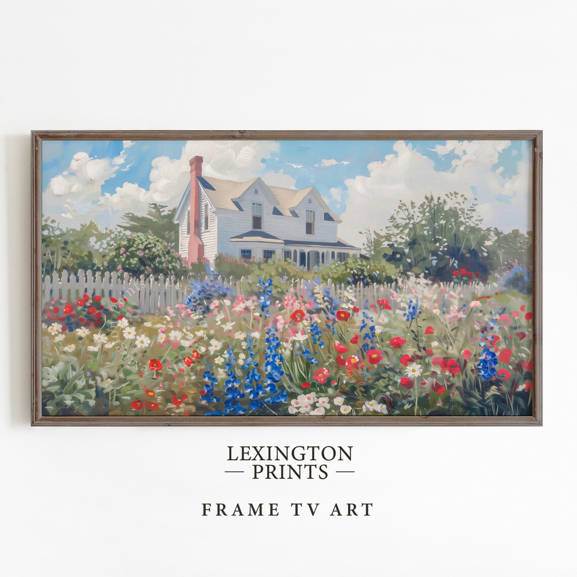 White Cottage Wildflower Garden Patriotic Red Blue Floral Poster - Image 4
