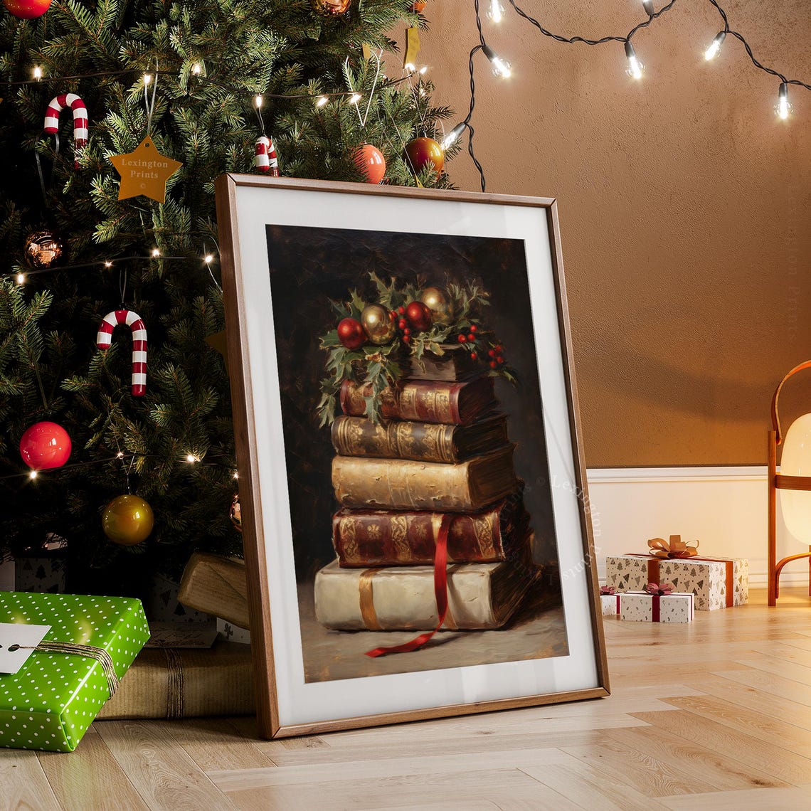 Vintage Books with Holly and Ornaments Christmas Still Life Poster - Image 8