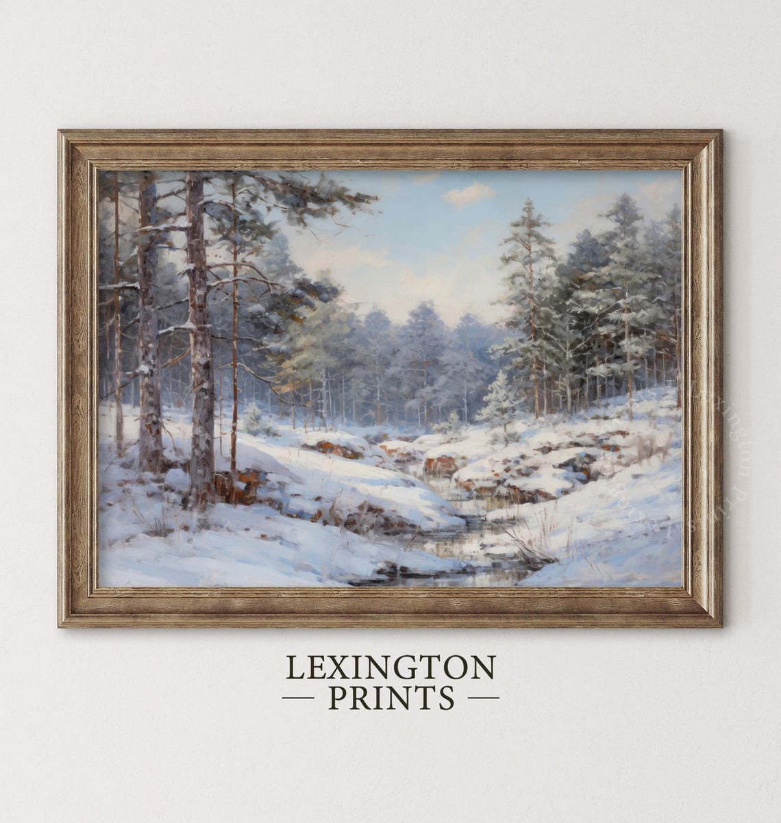 Frozen Creek Snowy Pine Forest Blue Winter Landscape Painting Poster
