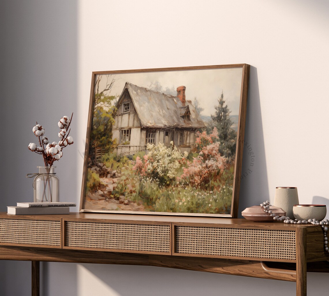 Rustic Old Cottage Pink Flower Garden Vintage Oil Painting Wall Art - Image 7