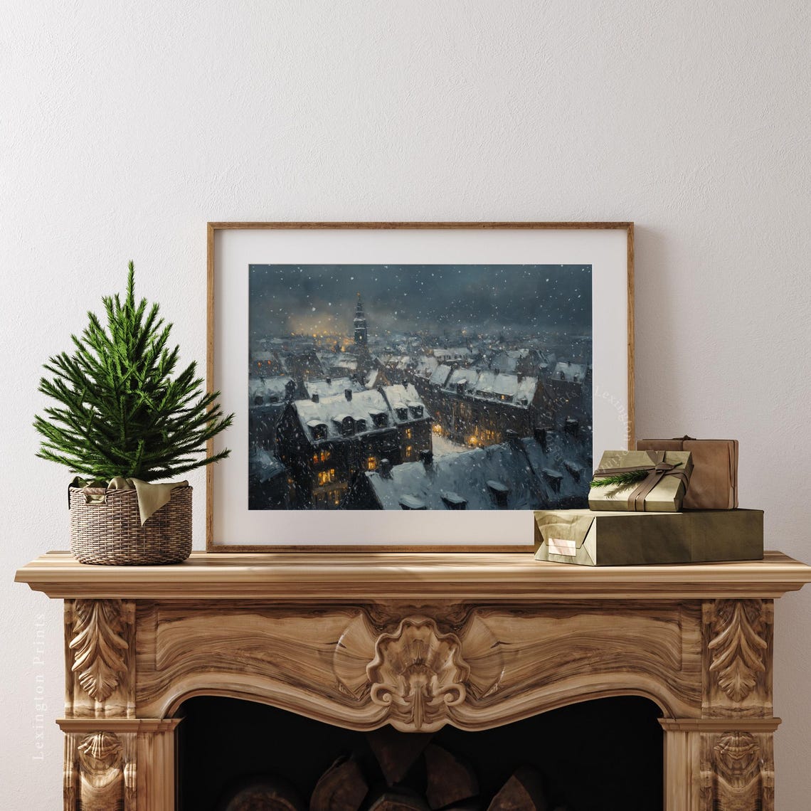 Snowy City Rooftops at Night with Glowing Windows Winter Poster - Image 3