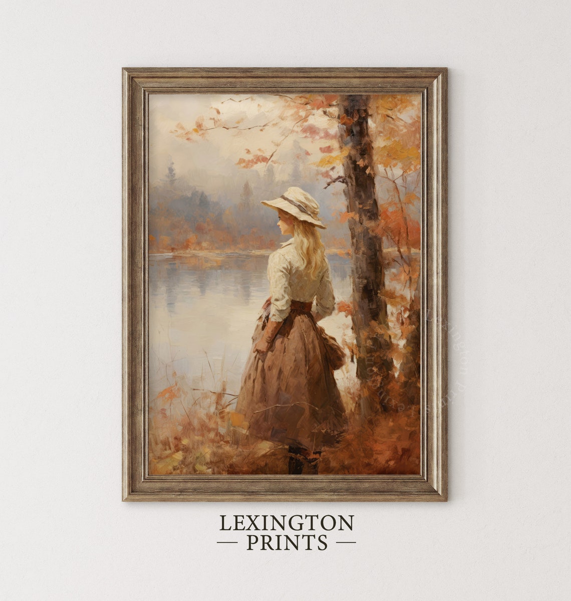 Woman in a Hat by an Autumn Lake Vintage Fall Painting Poster - Image 3