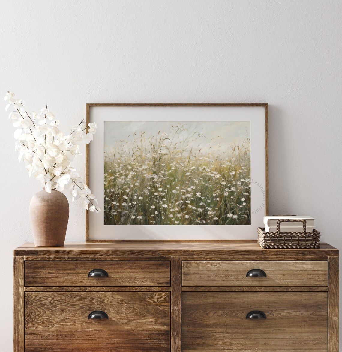 Misty Wildflower Meadow Daisy Field Soft Neutral Landscape Poster - Image 7