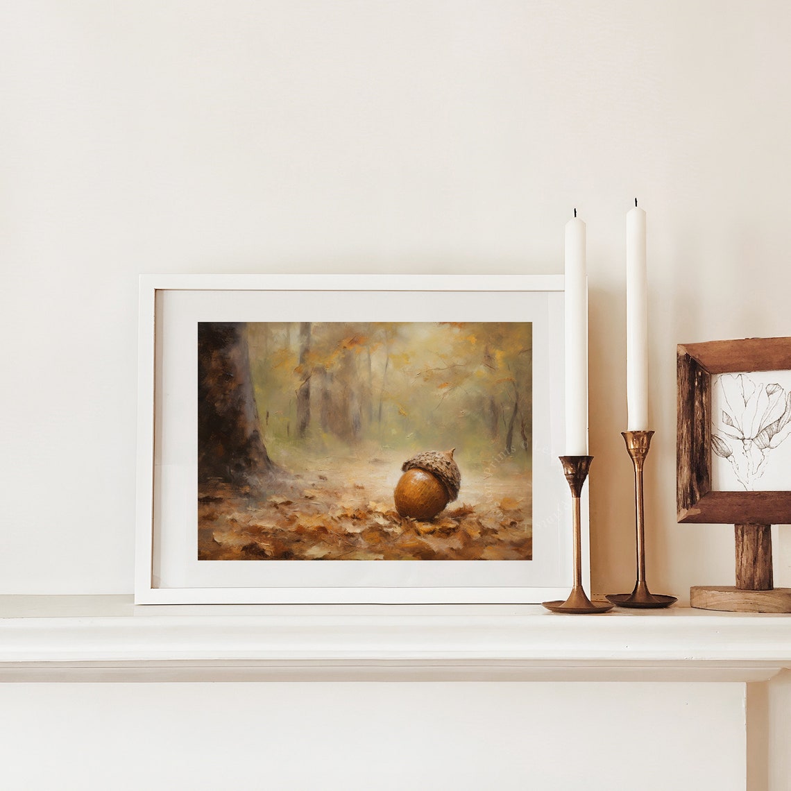 Single Acorn on Autumn Leaves Misty Fall Forest Still Life Poster - Image 4
