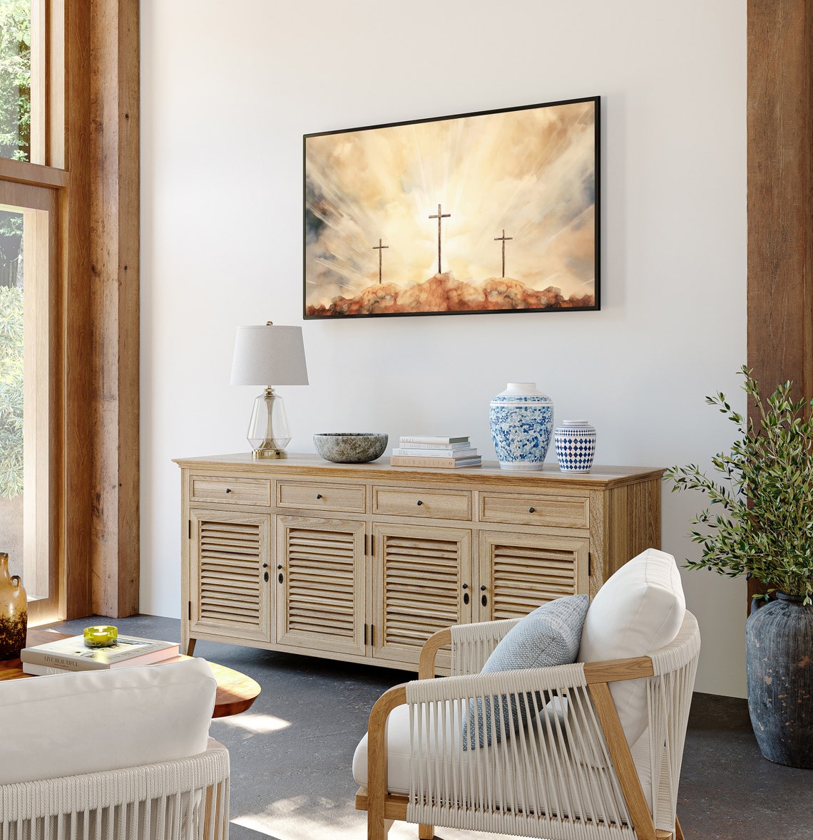 Three Crosses Of Calvary Golden Sunrise Watercolor Frame TV Art Poster - Image 2