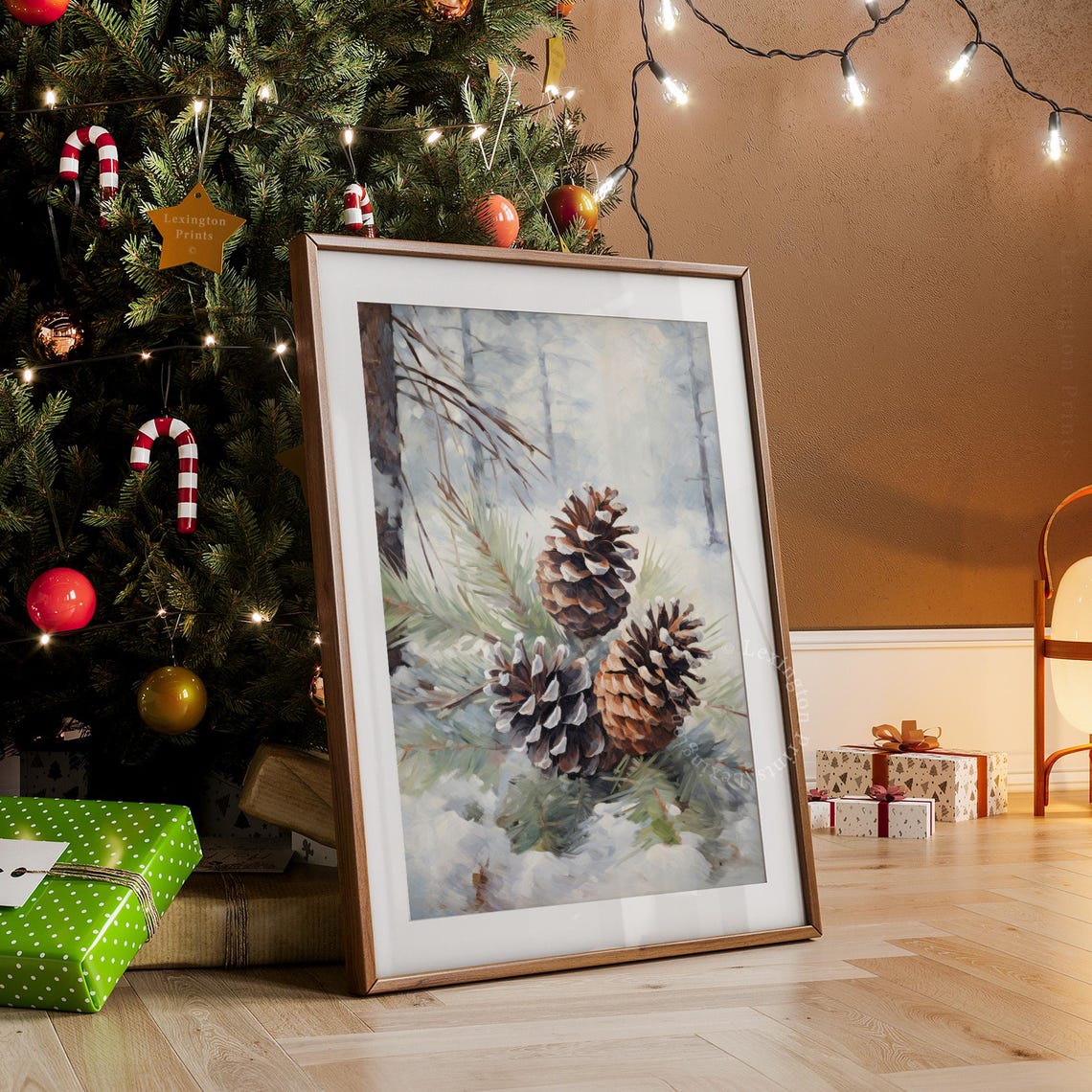 Snow Tipped Pinecones on Frosted Branch Winter Painting Poster - Image 3