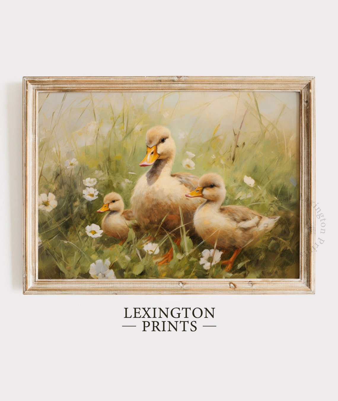 Mother Duck with Ducklings in Wildflowers Pastoral Painting Poster