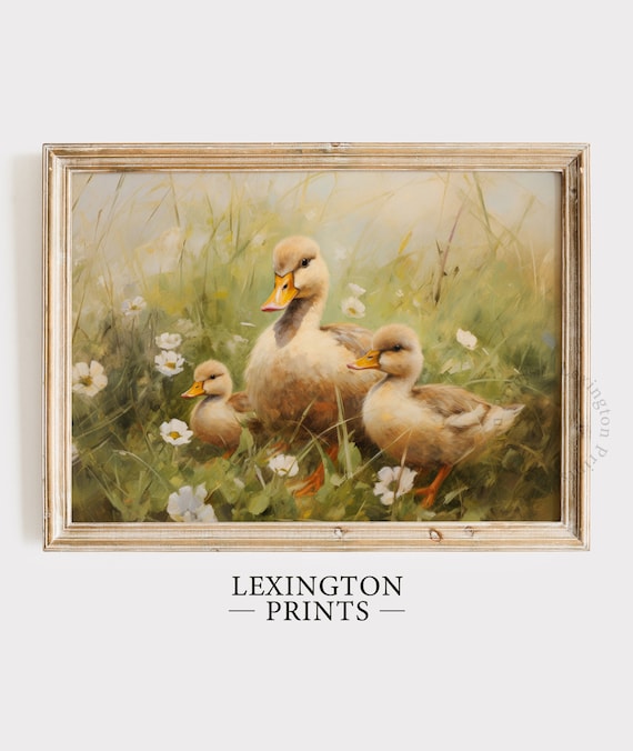 Mother Duck with Ducklings in Wildflowers Pastoral Painting Poster