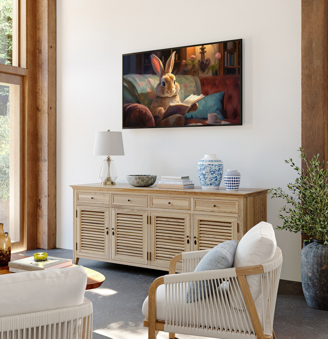 Cute Bunny Reading Book On Cozy Couch In Warm Library Scene Poster - Image 2