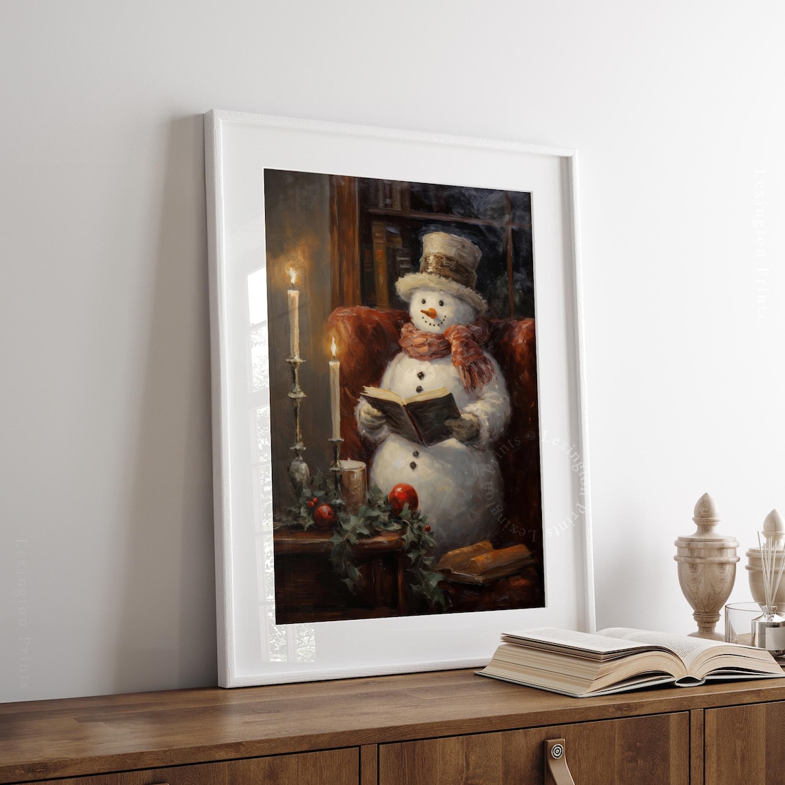 Cozy Snowman In Top Hat Reading Book By Candlelight Christmas Poster - Image 3