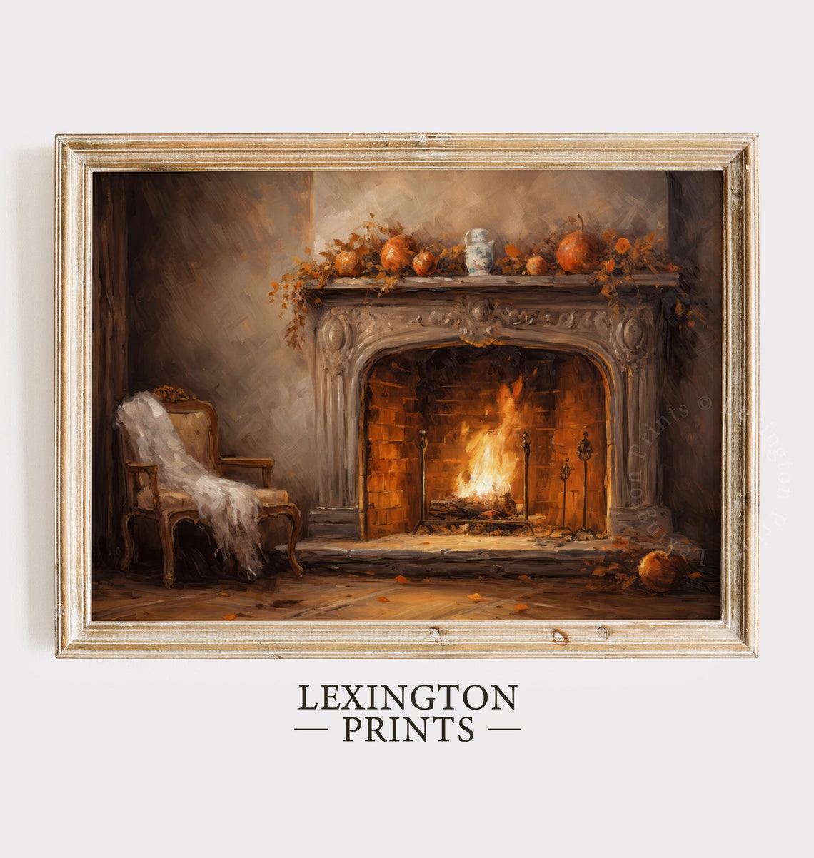 Fireplace with Burning Fire Fall Mantel Vintage Oil Painting Poster - Image 8