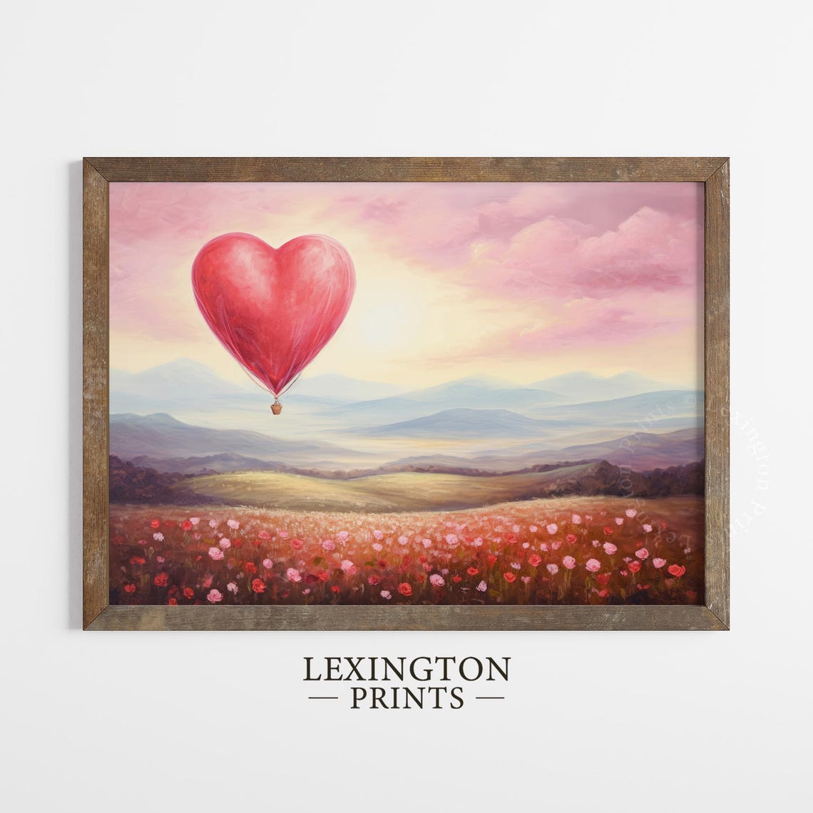 Red Heart Hot Air Balloon Floating Over Pink Flower Field Art Print - Image 5