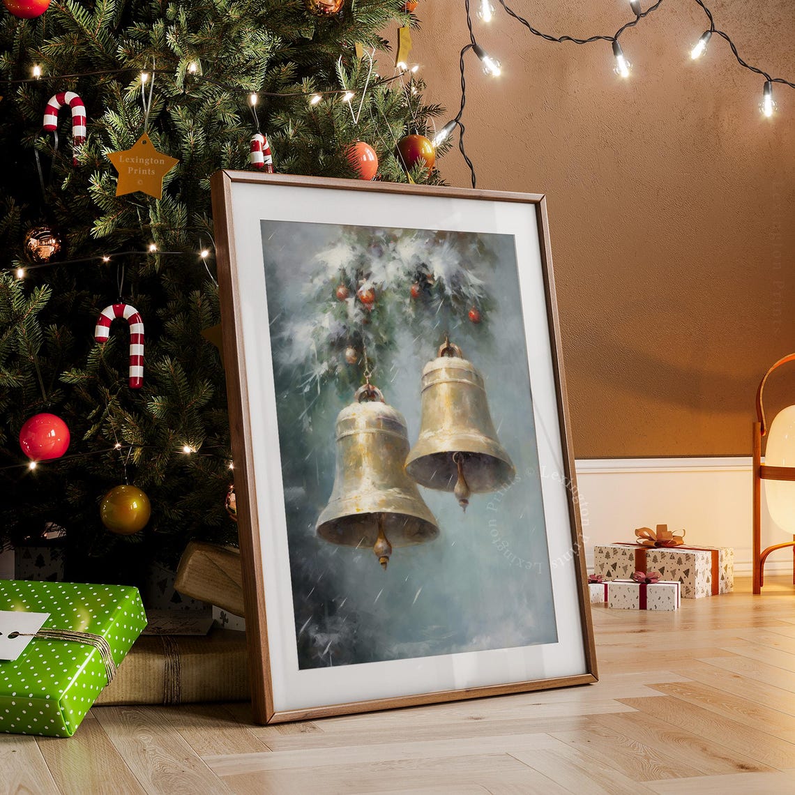 Large Brass Bells on Snowy Evergreen Bough Misty Winter Holiday Poster - Image 7