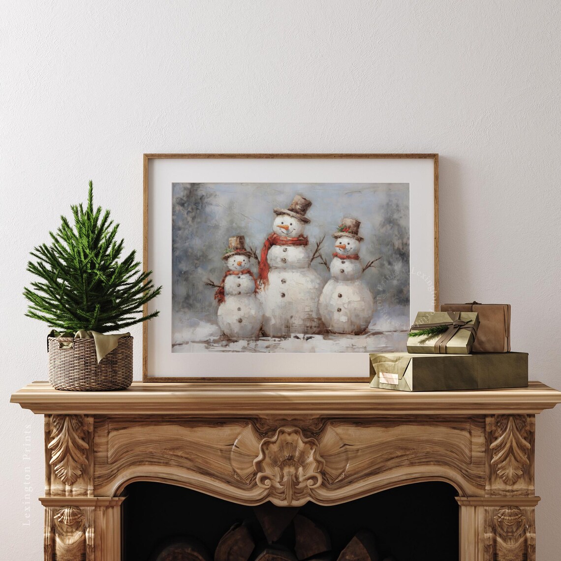 Rustic Snowman Family Winter Vintage Holiday Decor Painting Poster - Image 3
