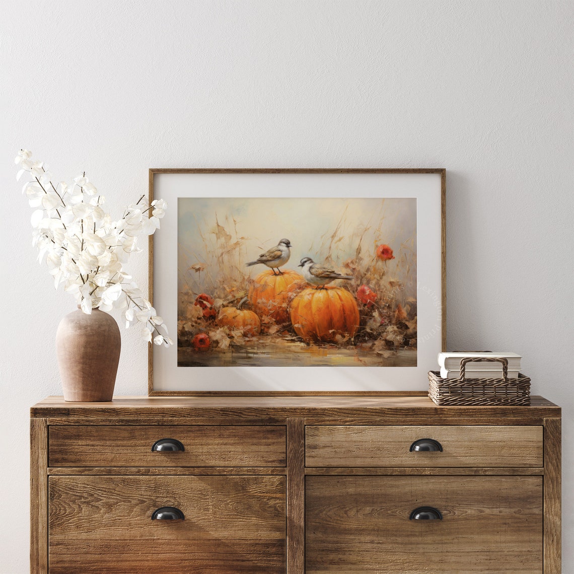Two Songbirds on Pumpkins in Autumn Field Vintage Bird Poster - Image 7
