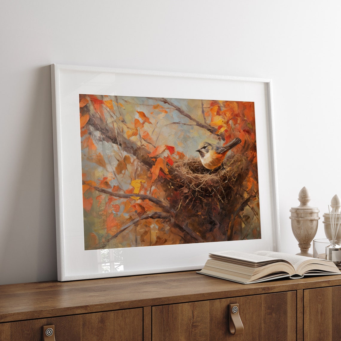 Small Bird In Nest Autumn Branches Orange Leaves Vintage Nature Poster - Image 3