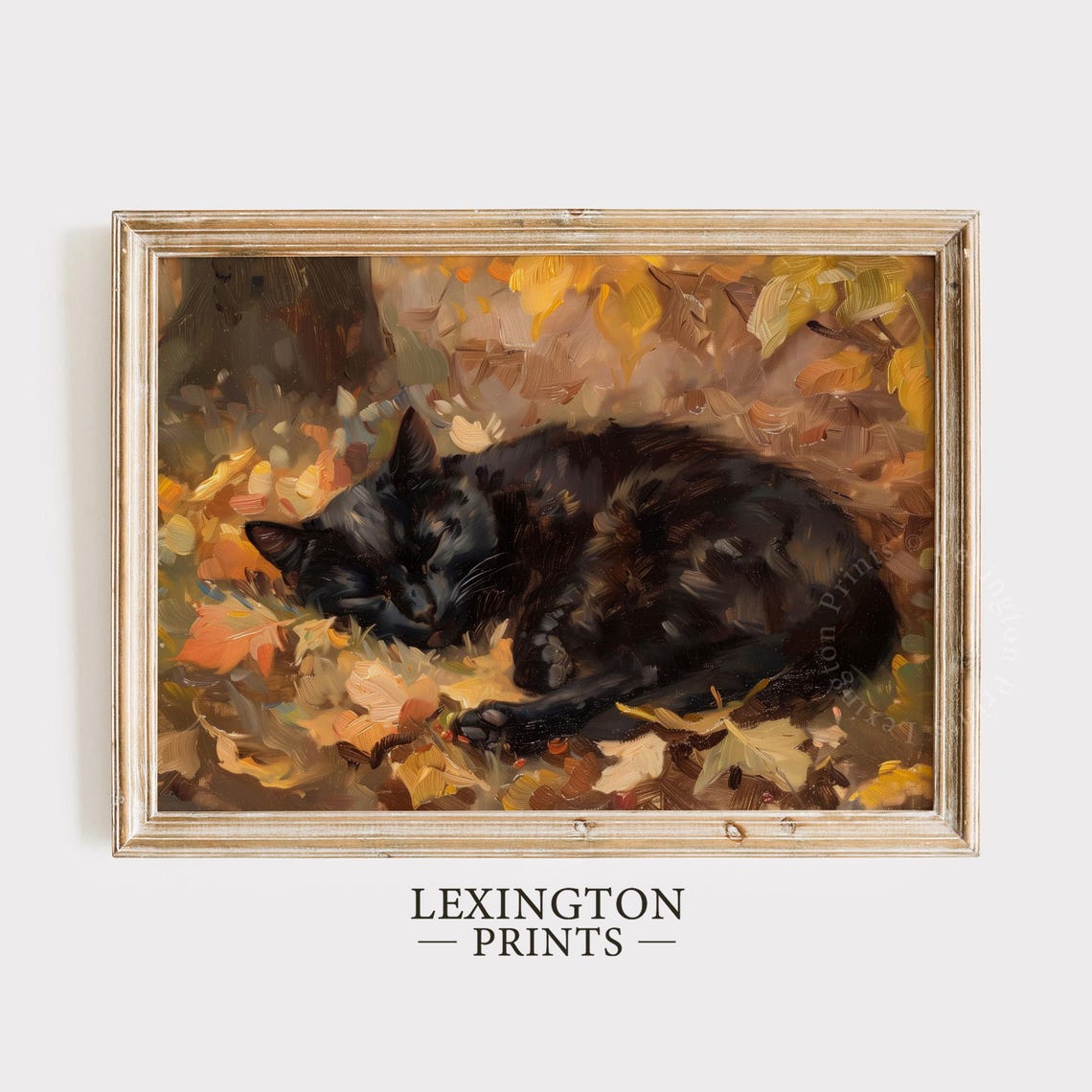 Sleeping Black Cat in Autumn Leaves Cozy Fall Oil Painting Wall Art - Image 7