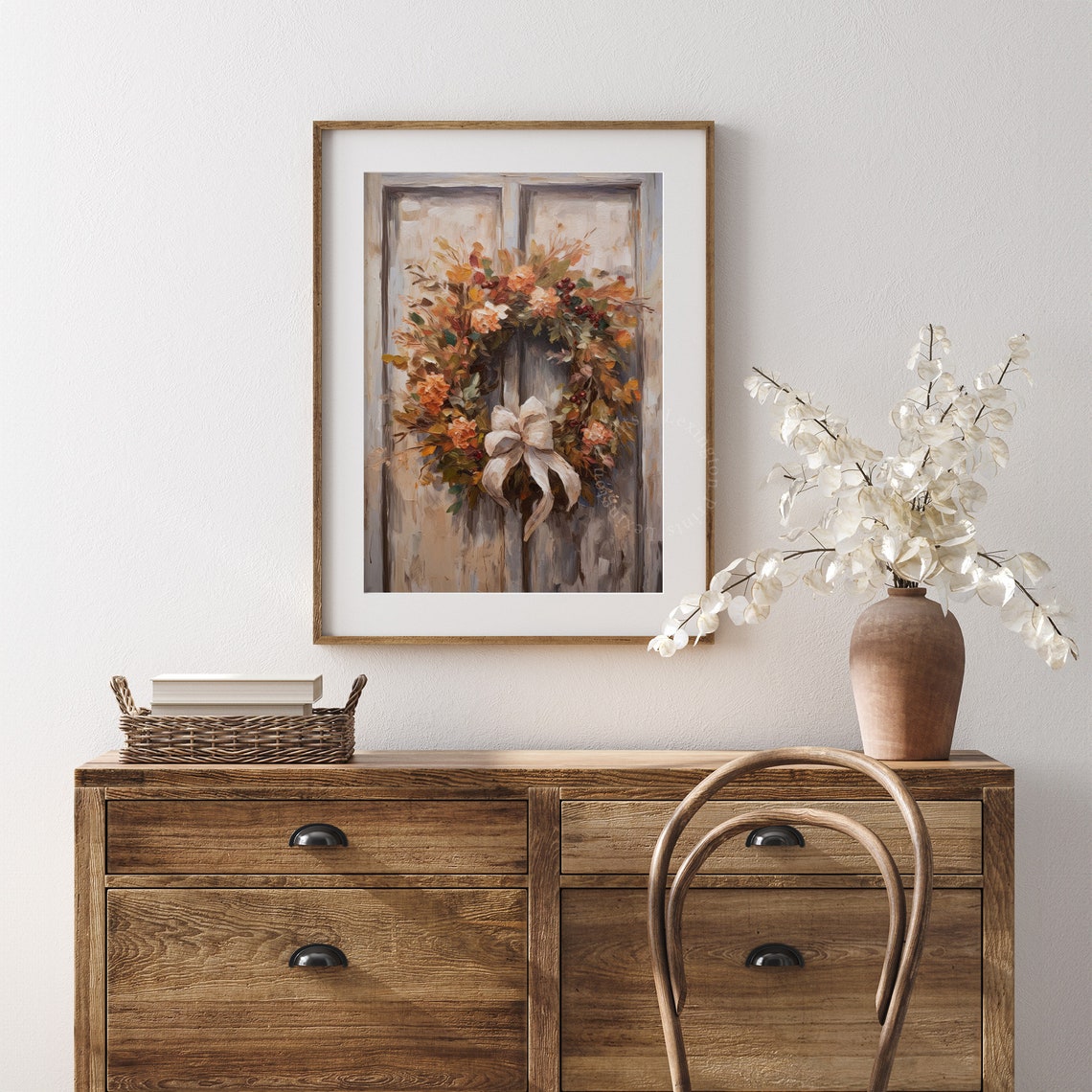 Fall Wreath with Bow on a Rustic Door Autumn Painting Poster - Image 6