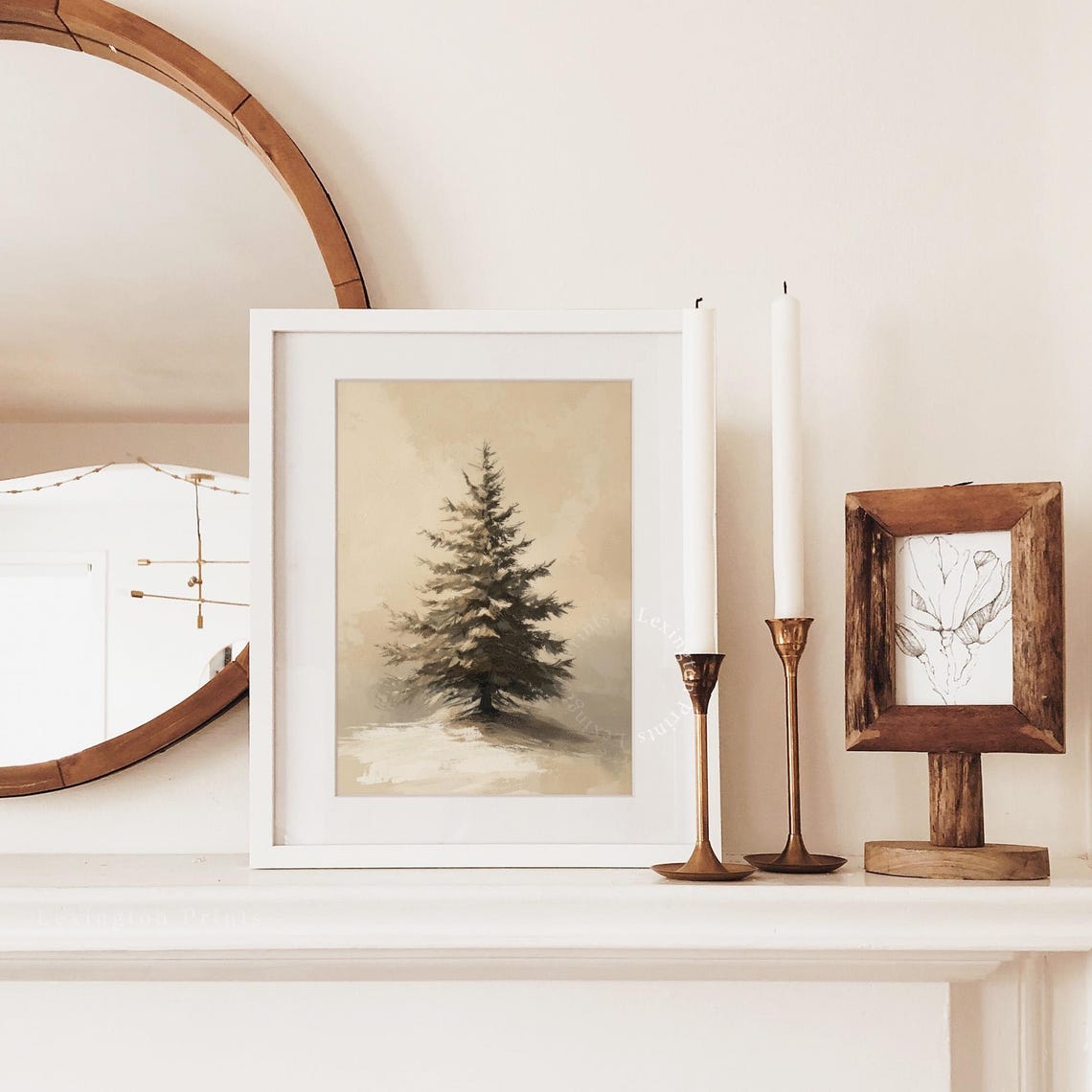 Lone Snowy Pine Tree Minimalist Winter Forest Watercolor Art Poster - Image 2