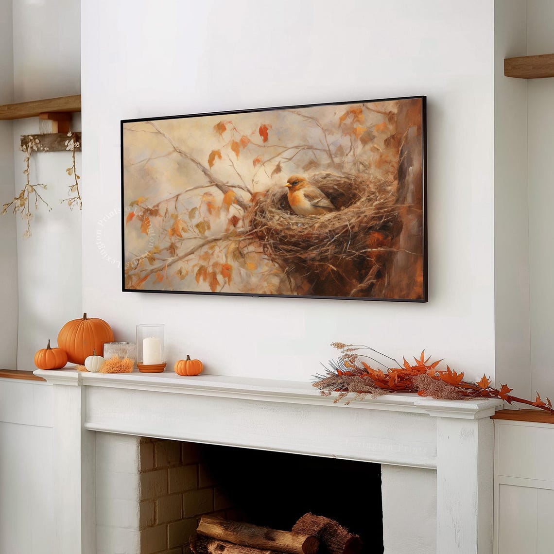 Small Bird in Nest on Autumn Branch Frame TV Art Nature Print - Image 4