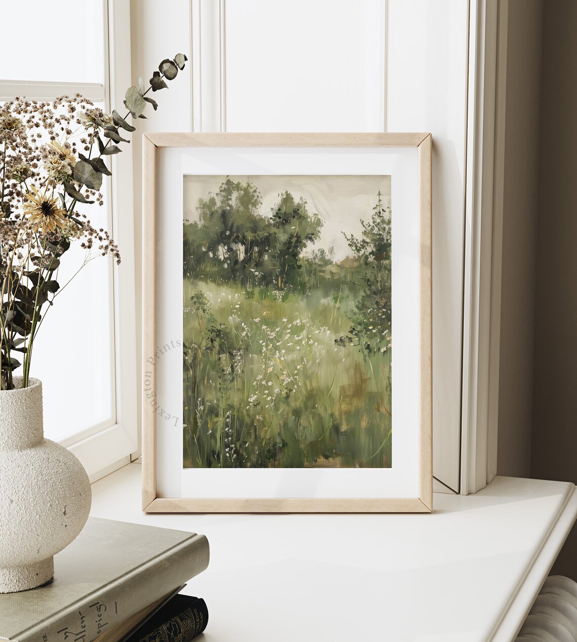 Soft Sunlit Wildflower Morning Meadow with Green Trees Watercolor Art Print - Image 4