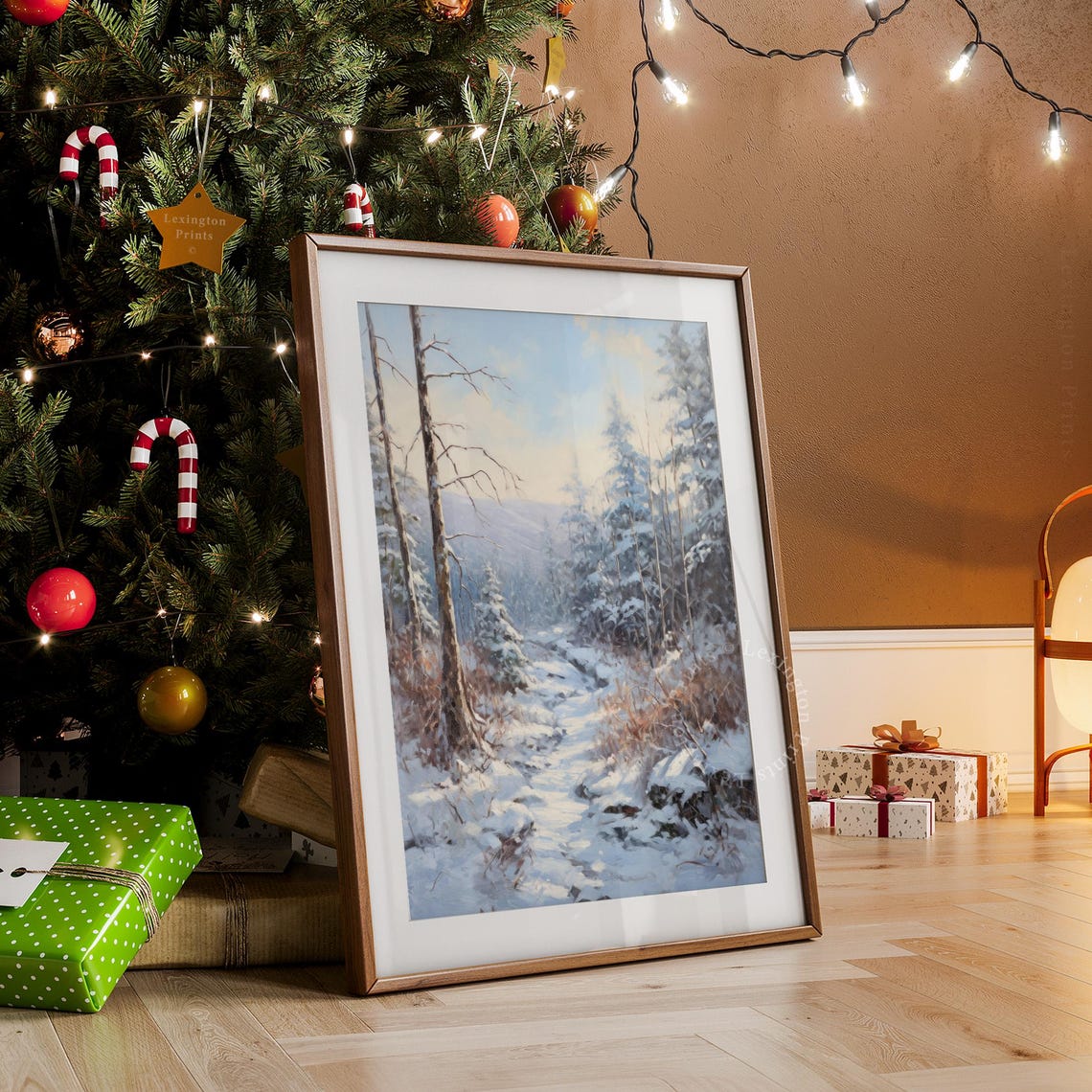 Sunlit Snowy Woodland Path Tall Pines Winter Painting Poster - Image 3