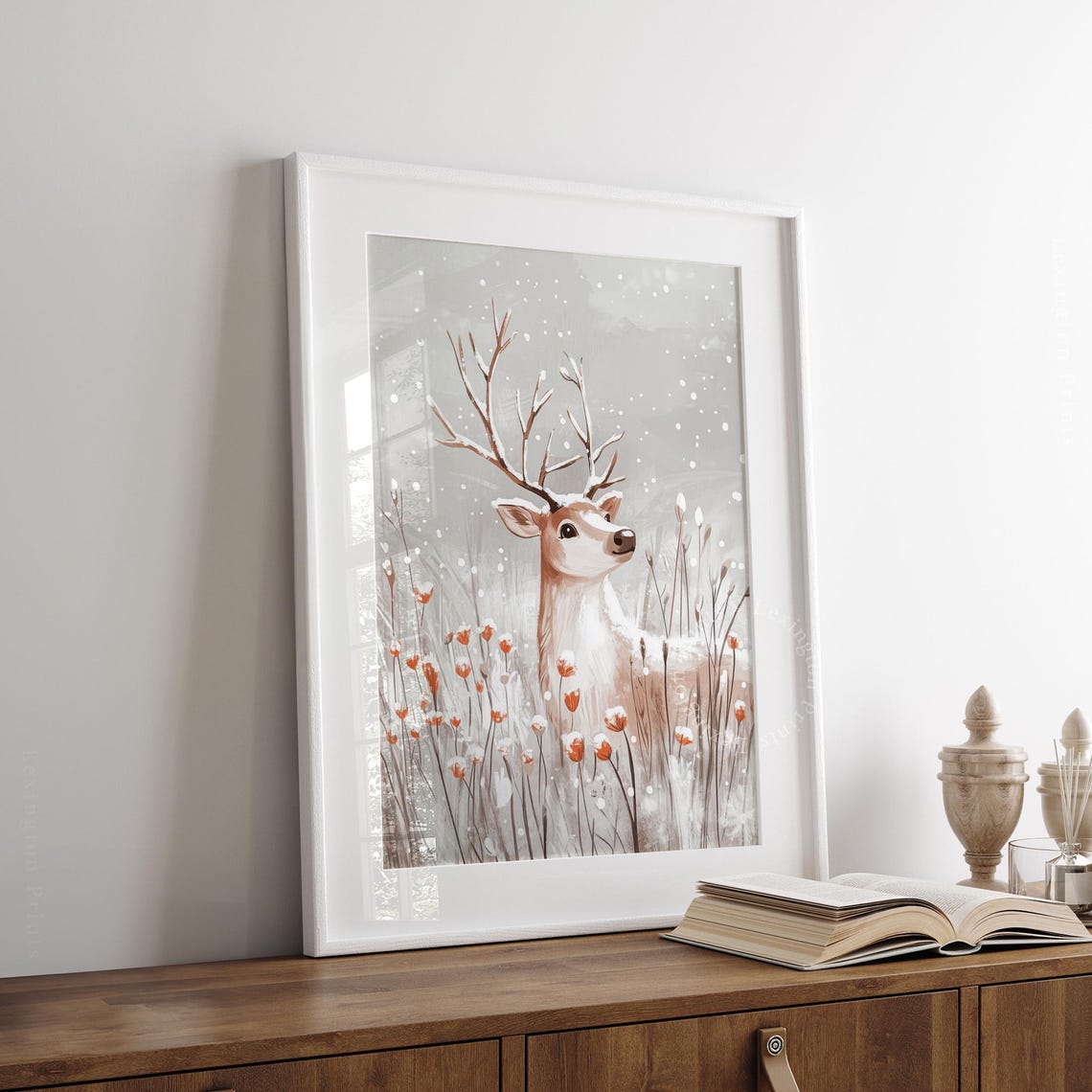 Young Deer Snowy Winter Field Illustrated Wildlife Painting Poster - Image 8