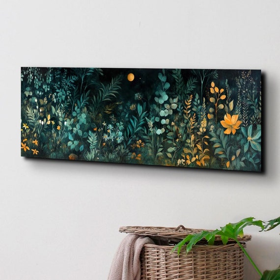 Wildflowers At Night Wildflowers Field Landscape Wall Art Panoramic Moody Wall Art Dark Floral Landscape Painting Above Bed Decor