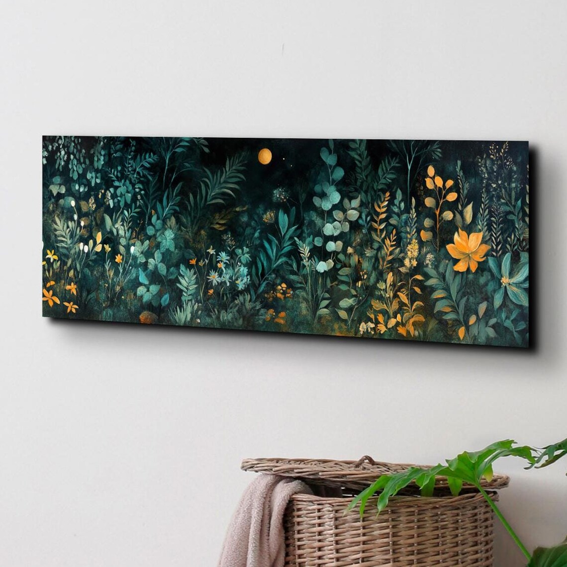 Moonlit Forest Garden Wildflowers Dark Botanical Panoramic Poster