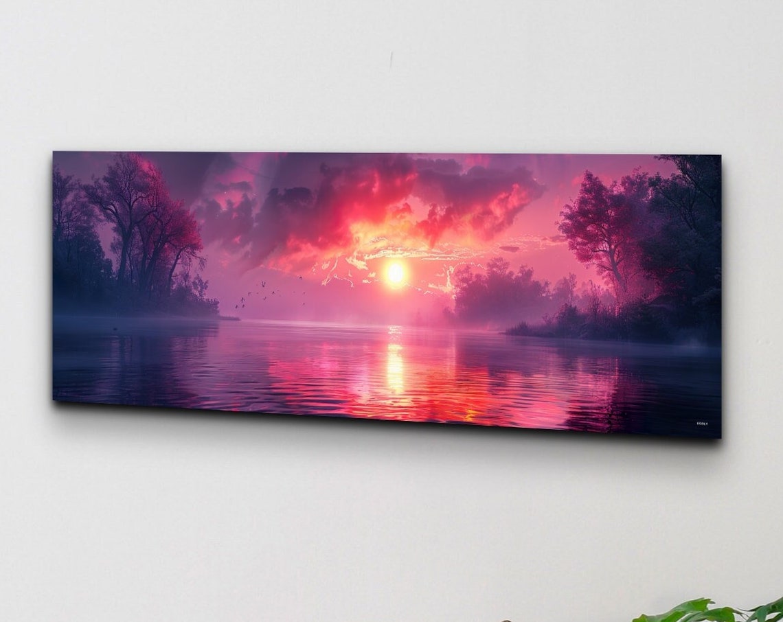 Magenta Sunset Over Lake with Trees Water Reflection Panorama Wall Art