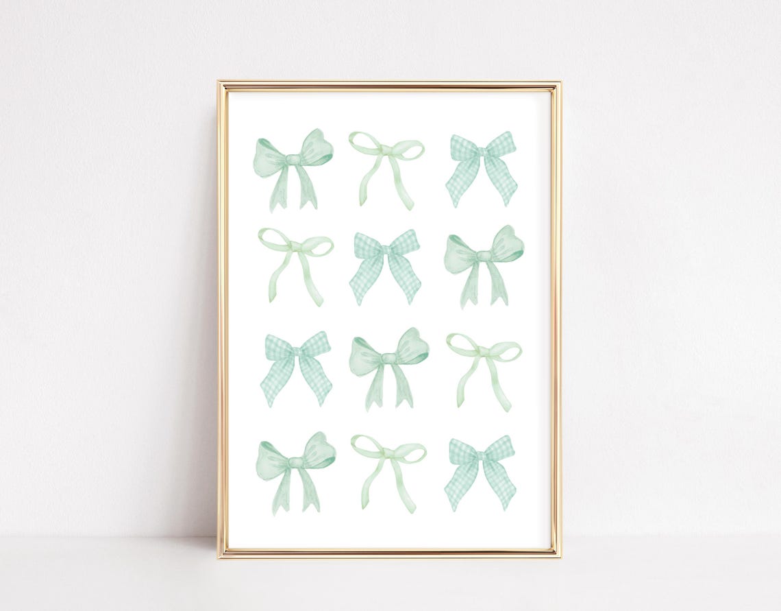 Twelve Green Watercolor Bows Coquette Girl Room Decor Poster