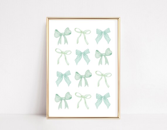 Trendy Green Bows Wall Art Print Coquette Room Decor Gift For Her Girlfriend Daughter Nursery Apartment Dorm