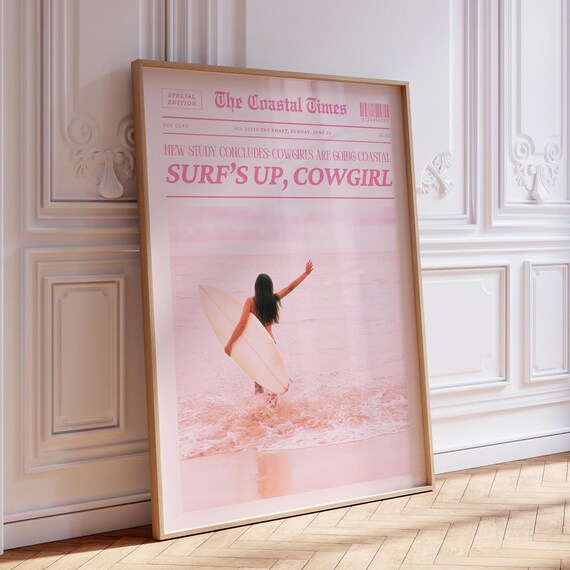The Coastal Times Surf's Up Cowgirl Pink Summer Newspaper Wall Art