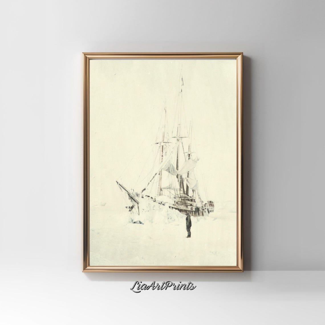 Tall Ship in Snow and Fog with Lone Figure Vintage Ink Sketch Poster - Image 4