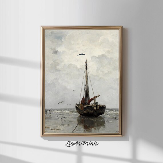 Beached Fishing Boat Cloudy Sky Vintage Coastal Marine Painting Poster