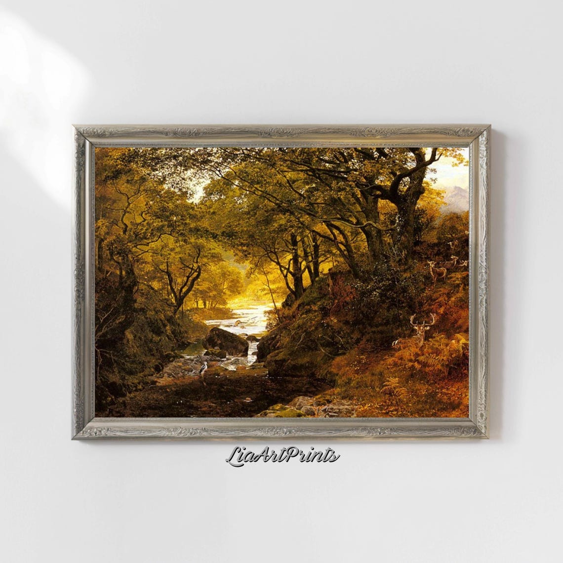 Golden Autumn Forest Ravine with Deer by a Mountain Stream Poster - Image 4