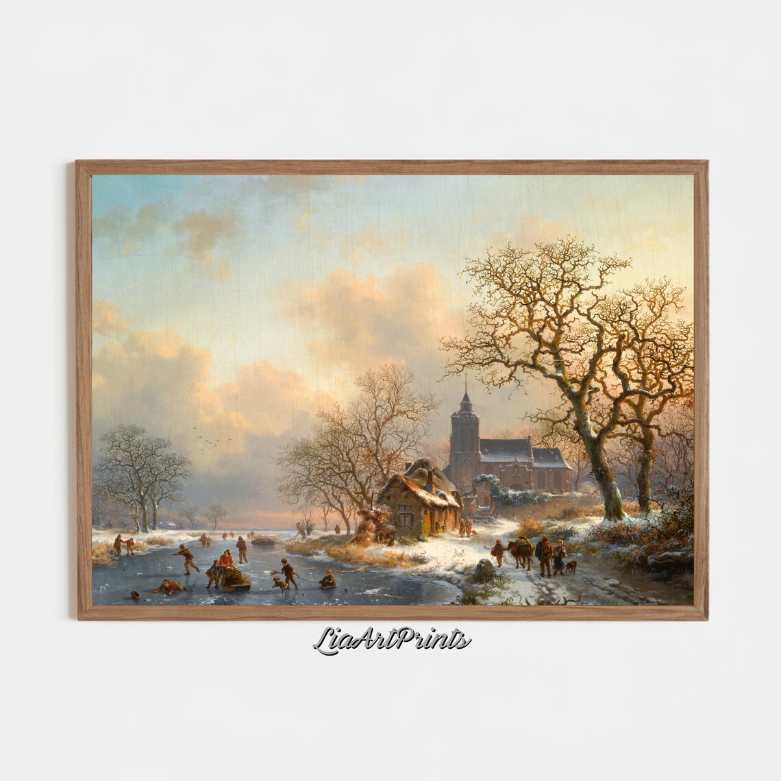 Winter Village Skaters Vintage Oil Painting with Frozen River and Church Poster - Image 2