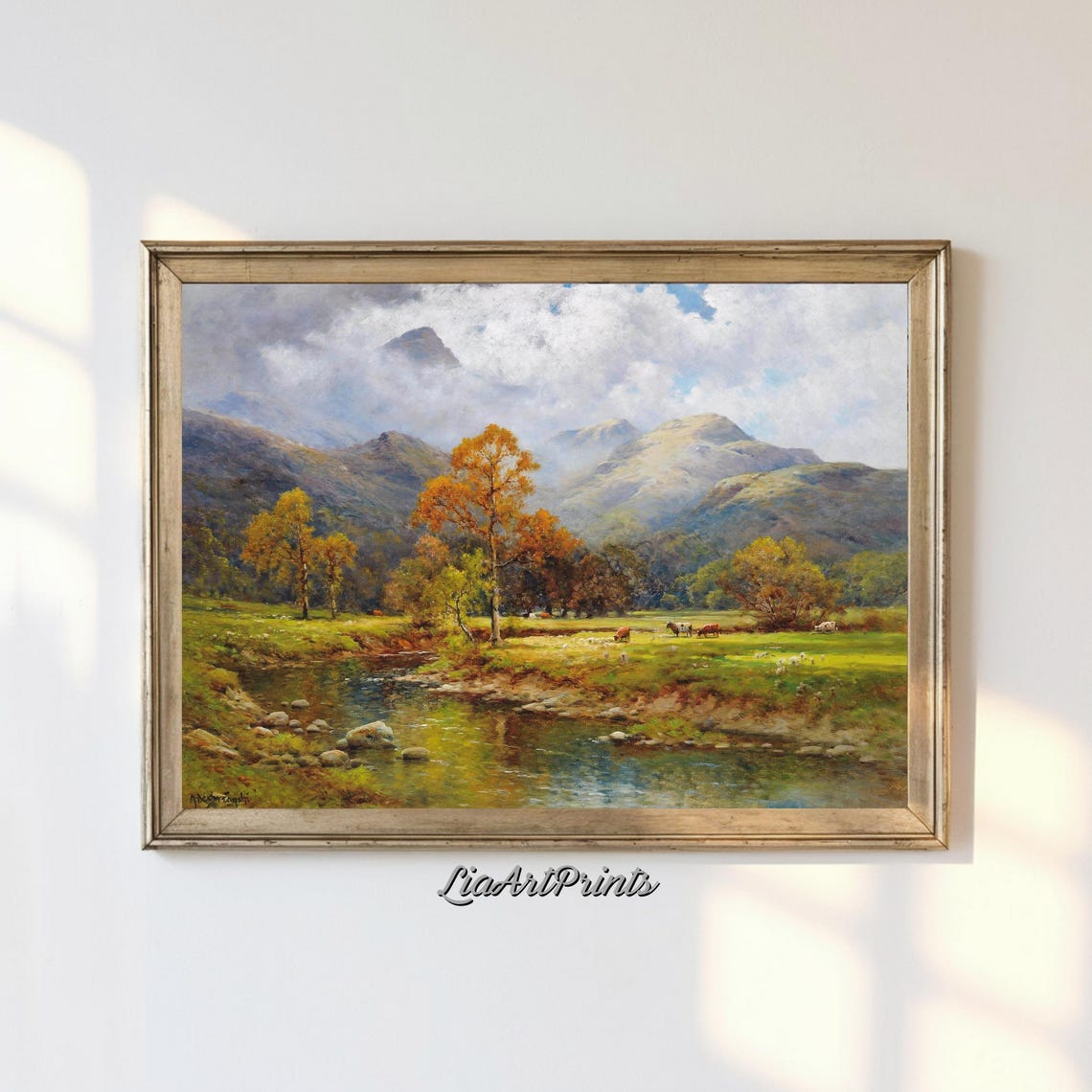 Autumn Mountain Stream Landscape with Golden Trees and Cattle Poster