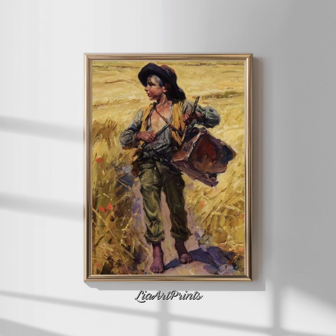 Rustic Farm Boy Carrying a Basket Through a Wheat Field Vintage Print