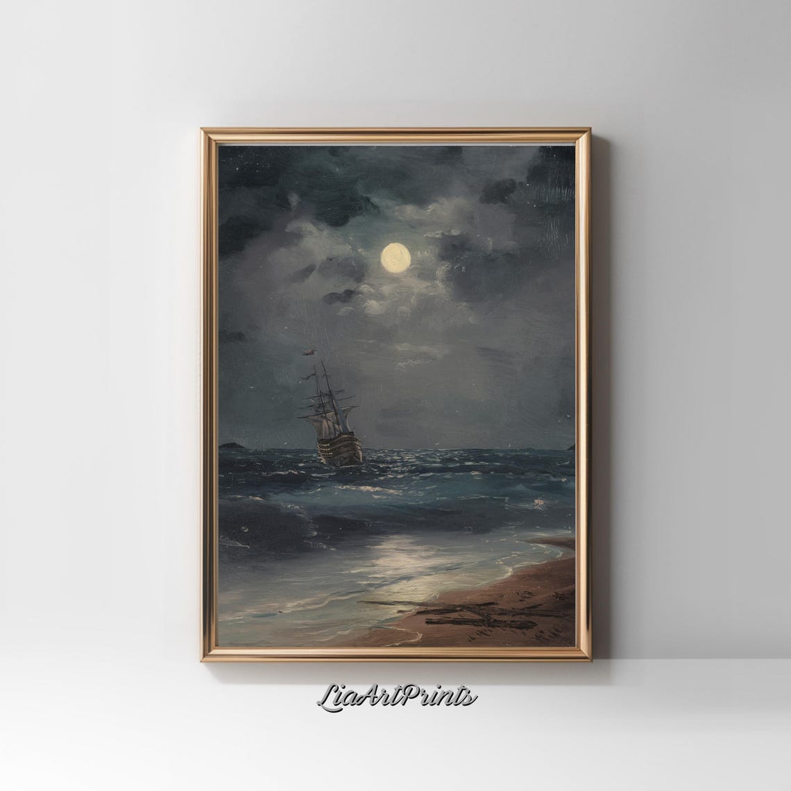 Moonlit Seascape Sailing Ship Vintage Night Ocean Oil Painting Poster - Image 2