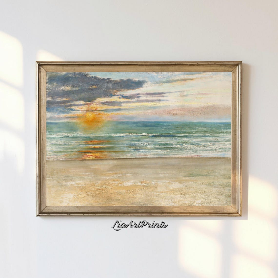 Impressionist Beach Sunrise with Golden Sun over Ocean Waves Poster