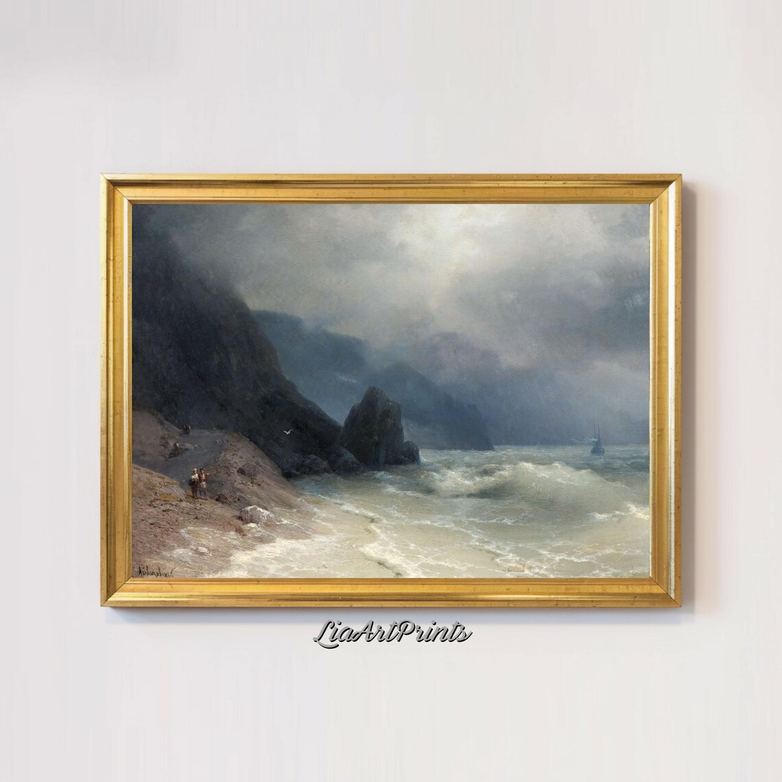 Stormy Coast with Waves and a Tall Ship Vintage Romantic Nautical Print - Image 3
