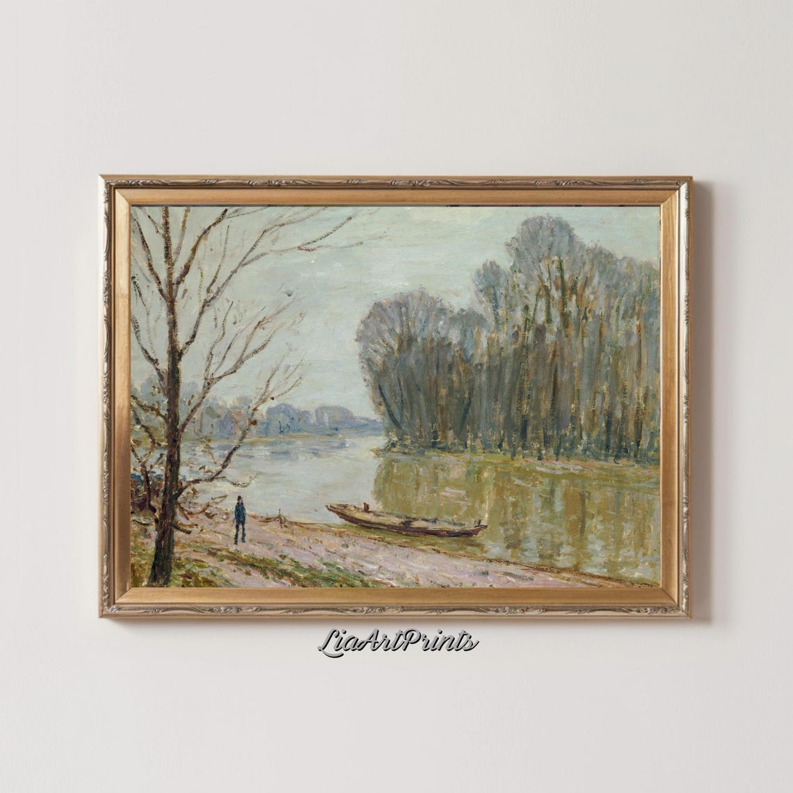 Misty Riverbank Rowboat Impressionist Morning Landscape Painting Print - Image 3